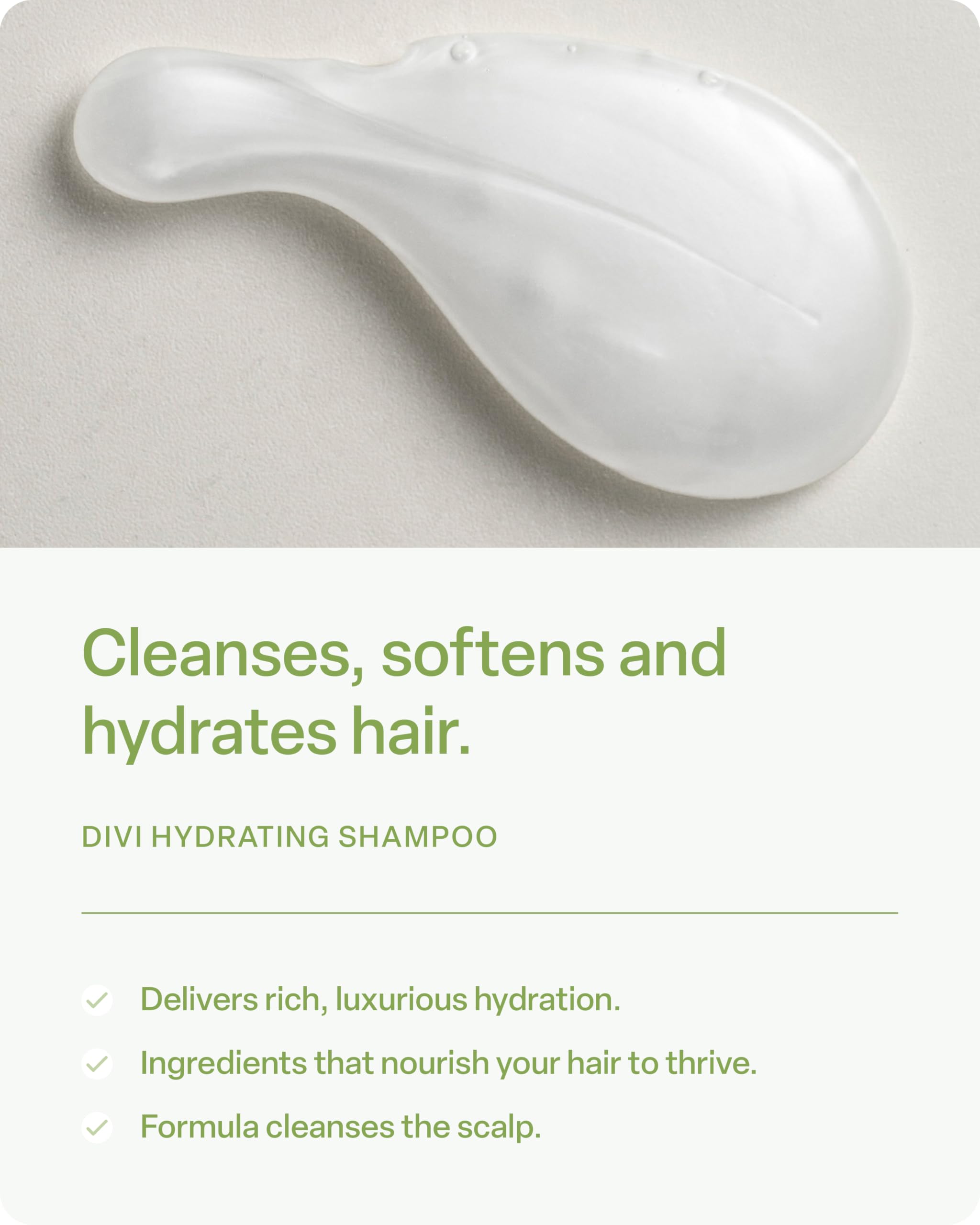 Divi Hydrating Shampoo bottle side showing algae and green tea ingredients