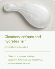 Divi Hydrating Shampoo bottle side showing algae and green tea ingredients