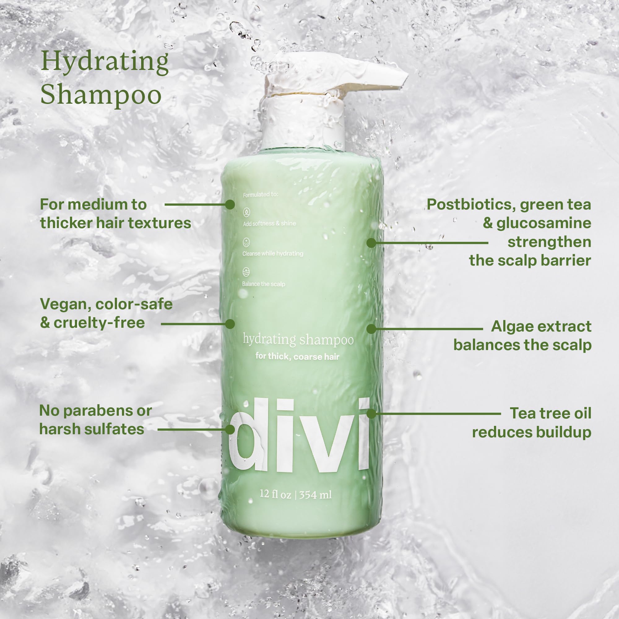 Divi Hydrating Shampoo lather on thick hair adds volume and softness