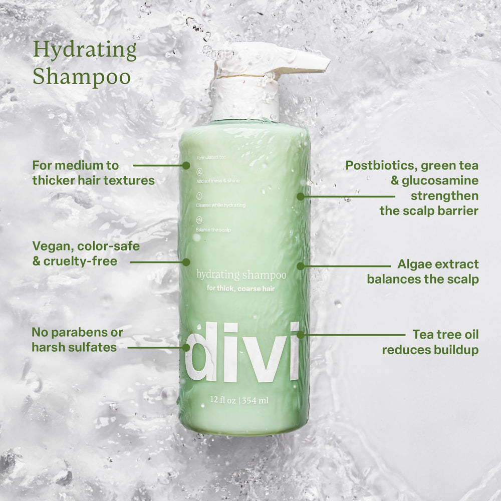 Divi Hydrating Shampoo lather on thick hair adds volume and softness