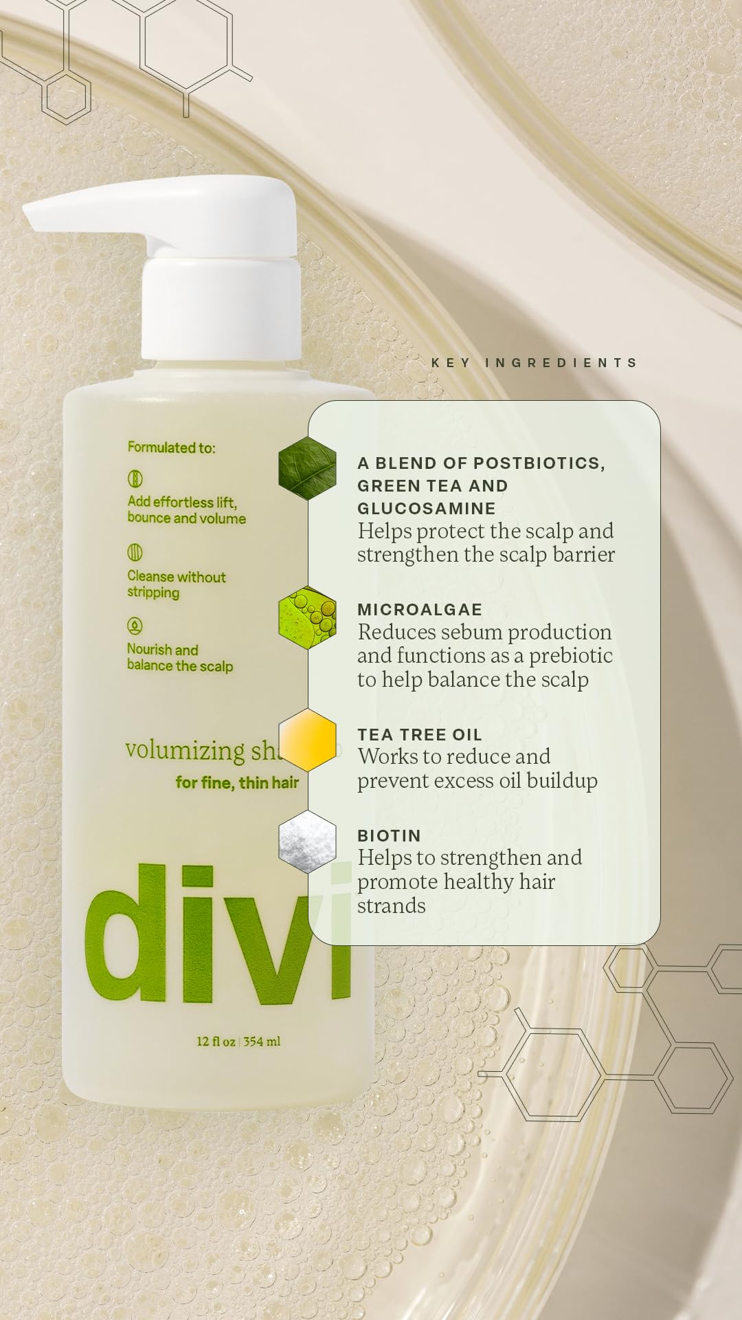 Lifestyle bathroom shot with Divi suggests a quick voluminous wash routine.
