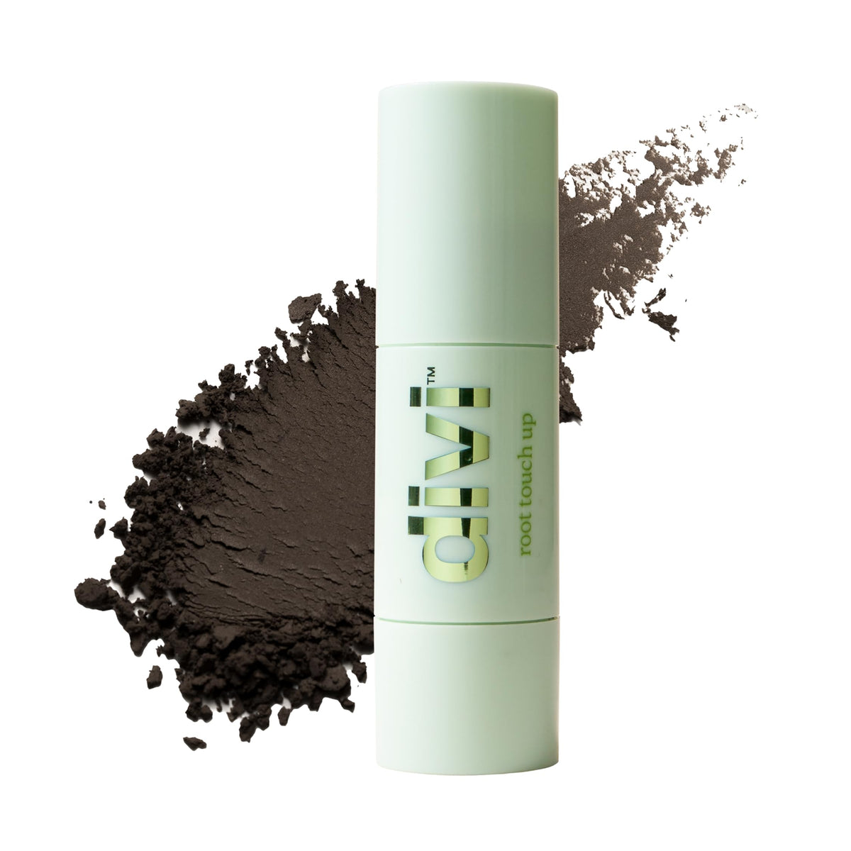 Divi Root Touch-Up Powder in dark brown bottle provides quick root coverage for busy mornings