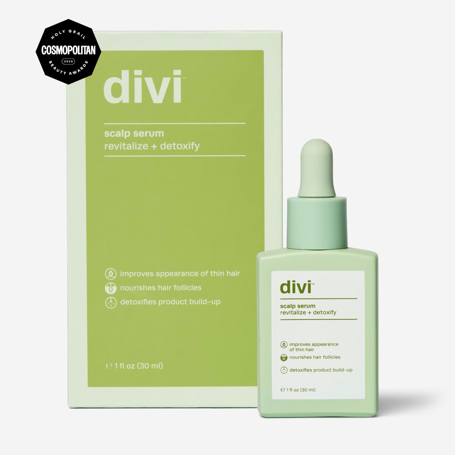 Divi Scalp Serum dispenser shown for quick scalp application.