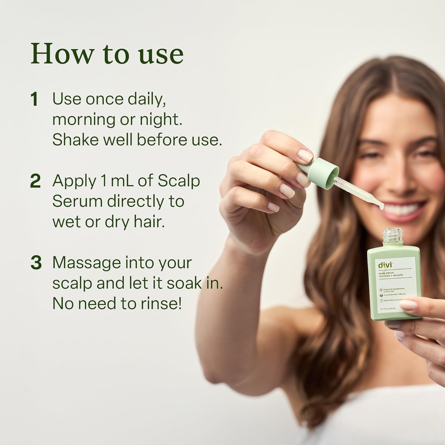 Divi Serum bottle beside hair illustration suggests nourishing environment.