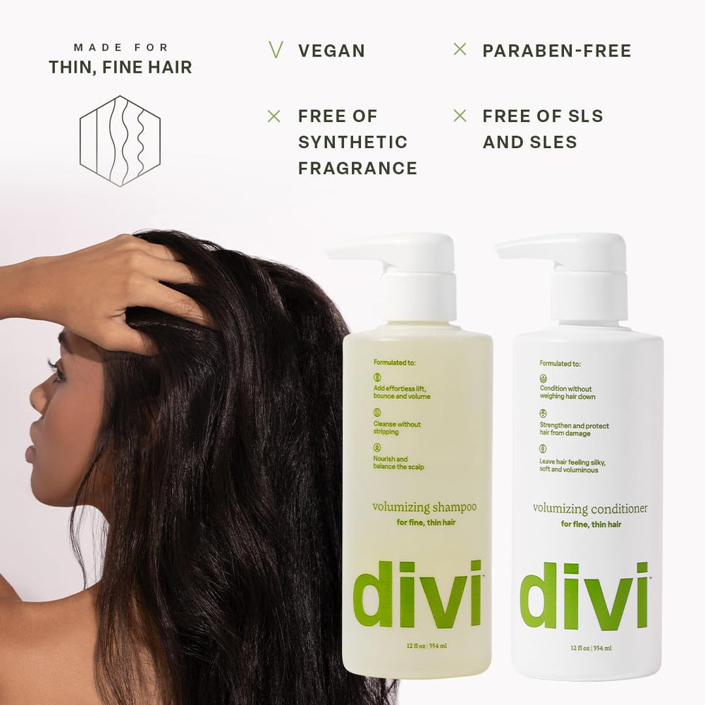 Divi volumizing conditioner bottle adds soft, manageable volume.