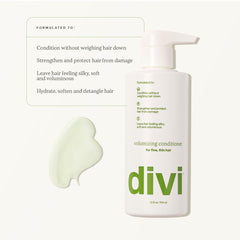 Divi conditioner applying to hair ends highlights gentle lift and manageability.