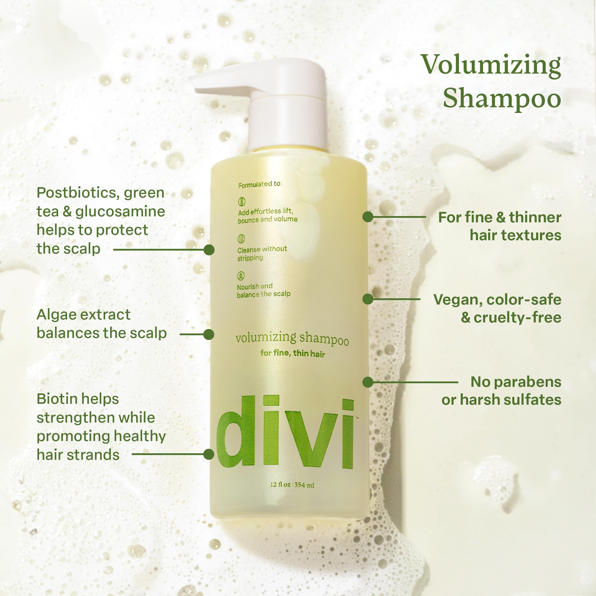 Divi Volumizing Shampoo bottle pour showing precise dosage for cleansing.