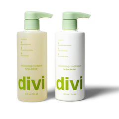 Divi volumizing shampoo bottle promotes lightweight lift for fine hair.