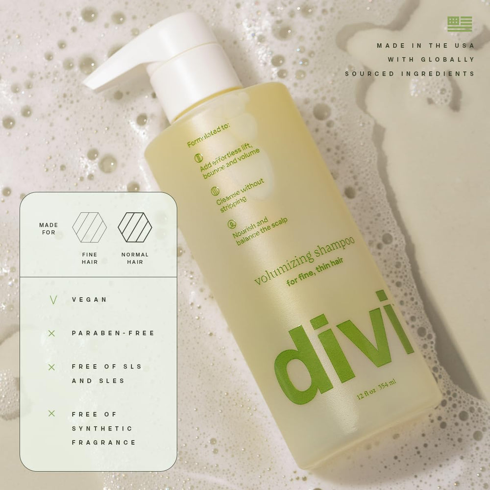 Divi Volumizing Shampoo ingredients close-up featuring green tea and biotin.