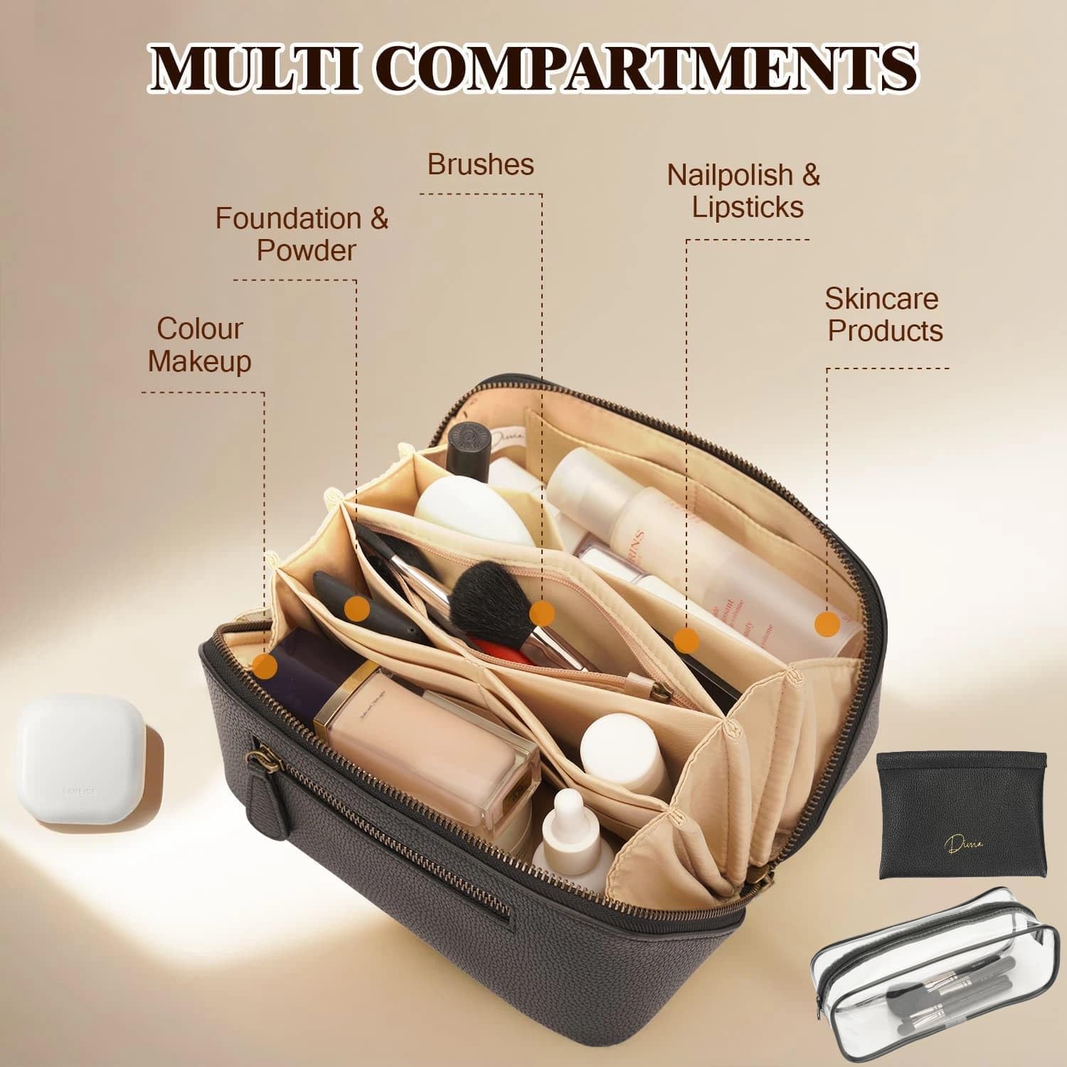 Divvia travel makeup bag set in compact design fits in small bags.