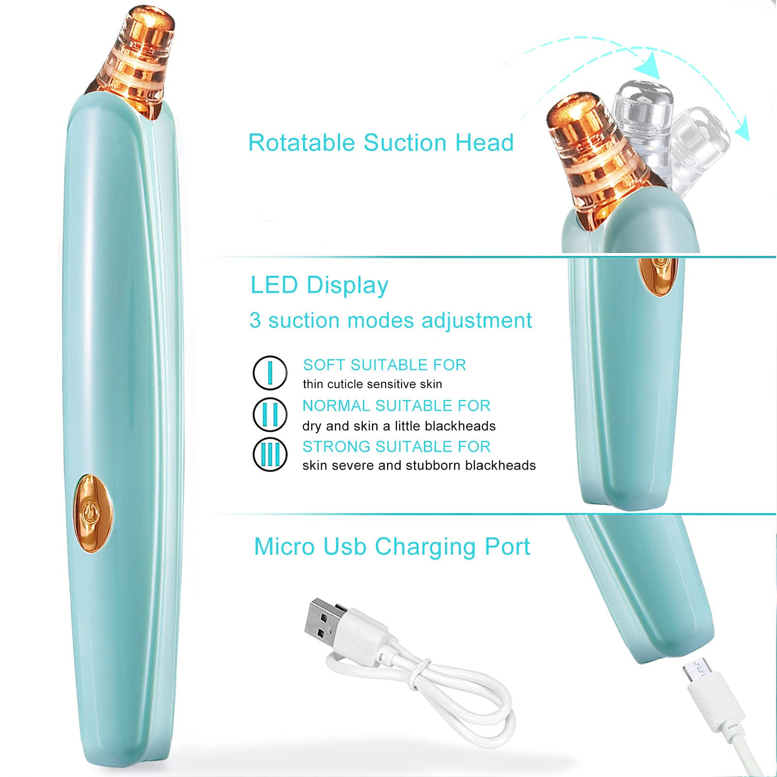 DIYthinker Blackhead Remover shows 3 adjustable suction levels for skin types.