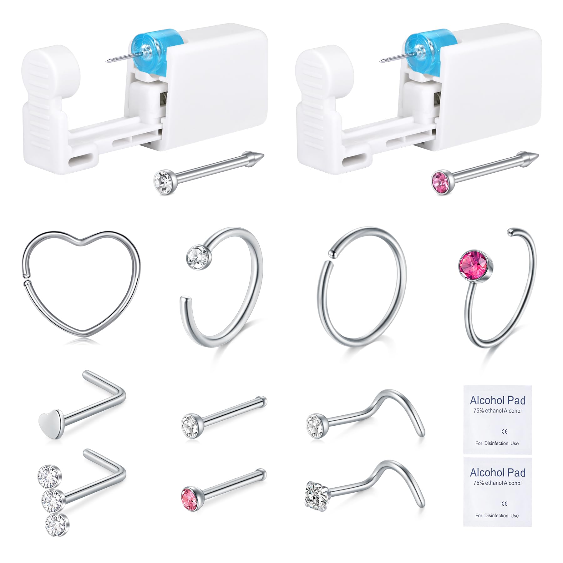 DJCIW nose piercing kit gun with white CZ stud for at-home piercing.