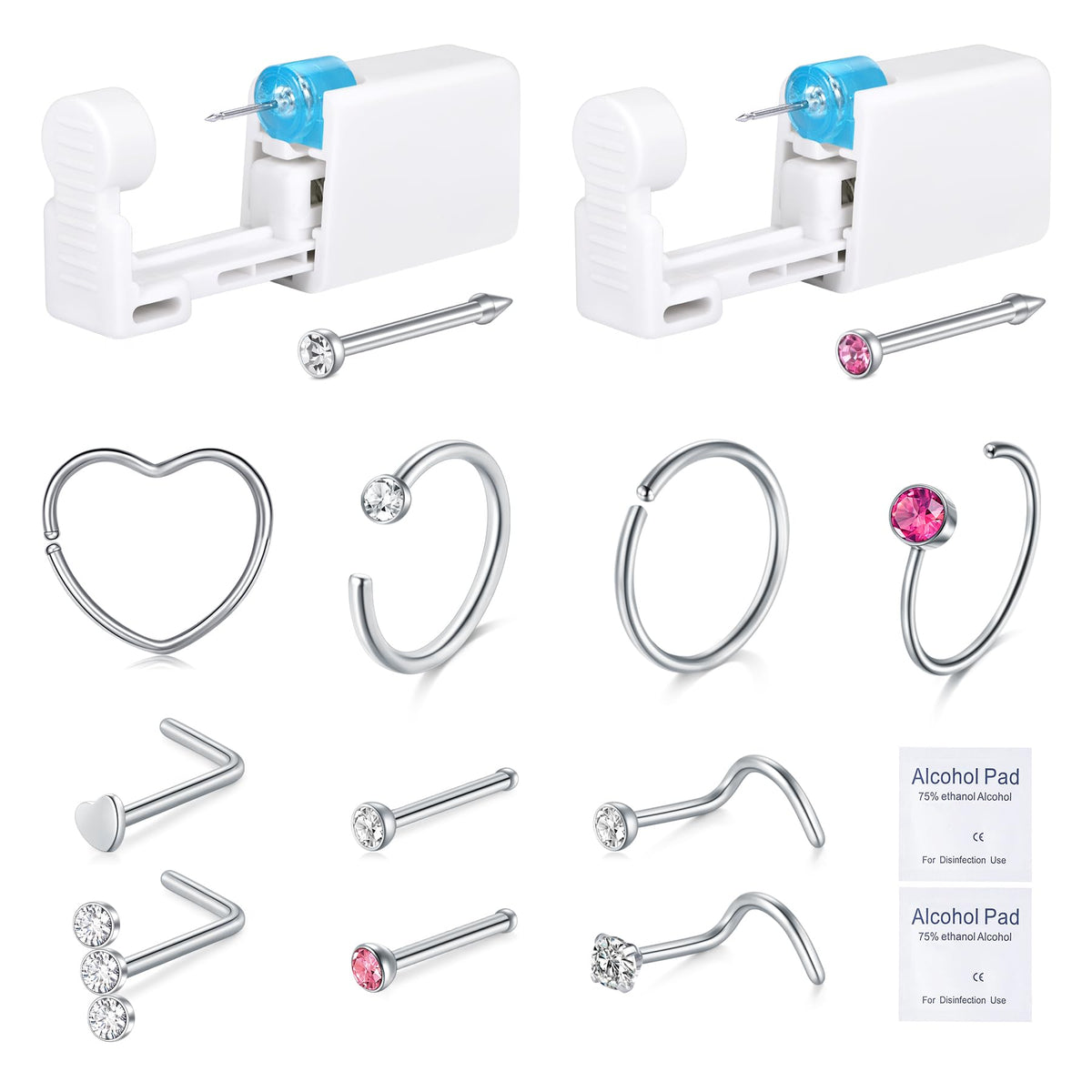 DJCIW nose piercing kit gun with white CZ stud for at-home piercing.