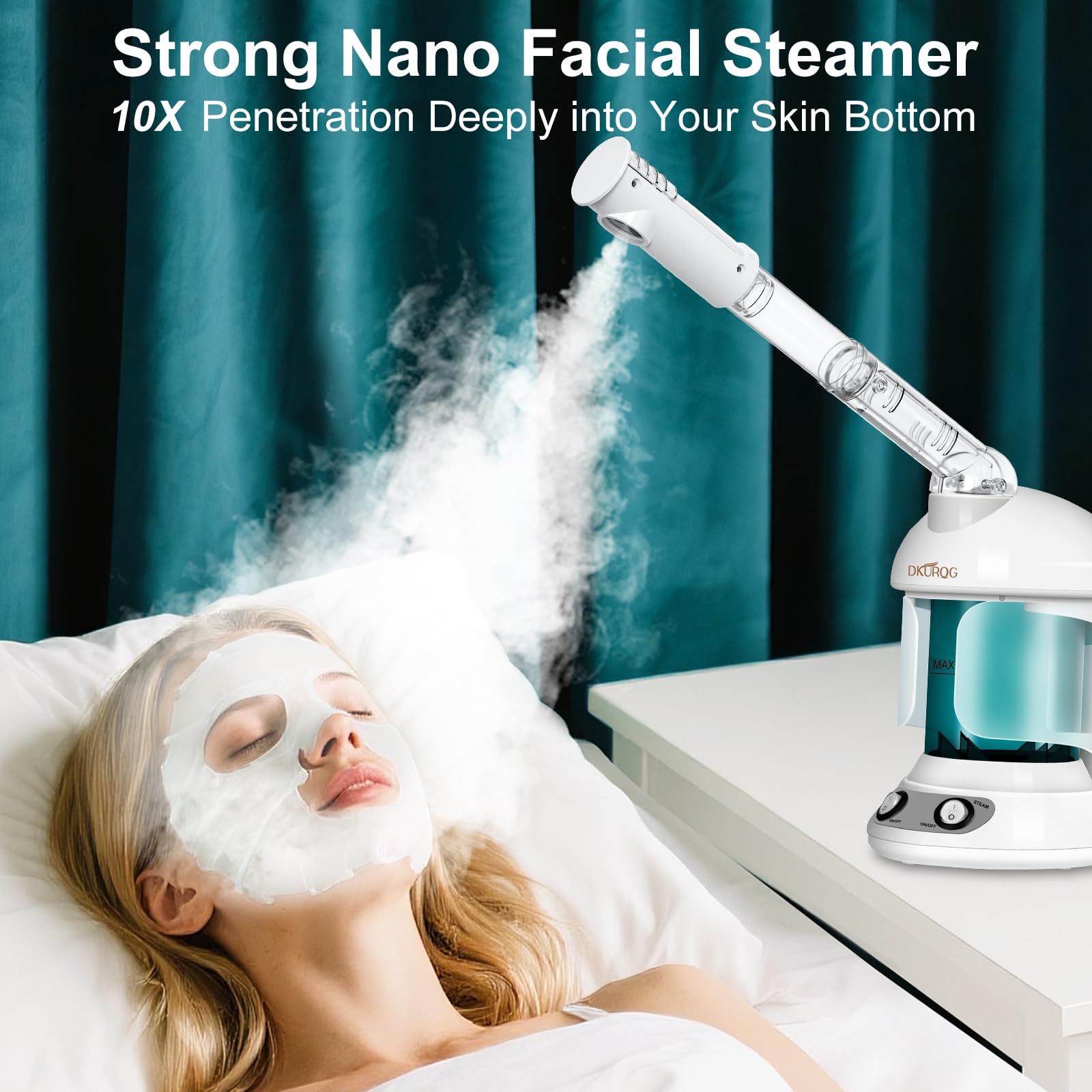 DKURQG facial steamer 360° rotating sprayer ensures even steam coverage.