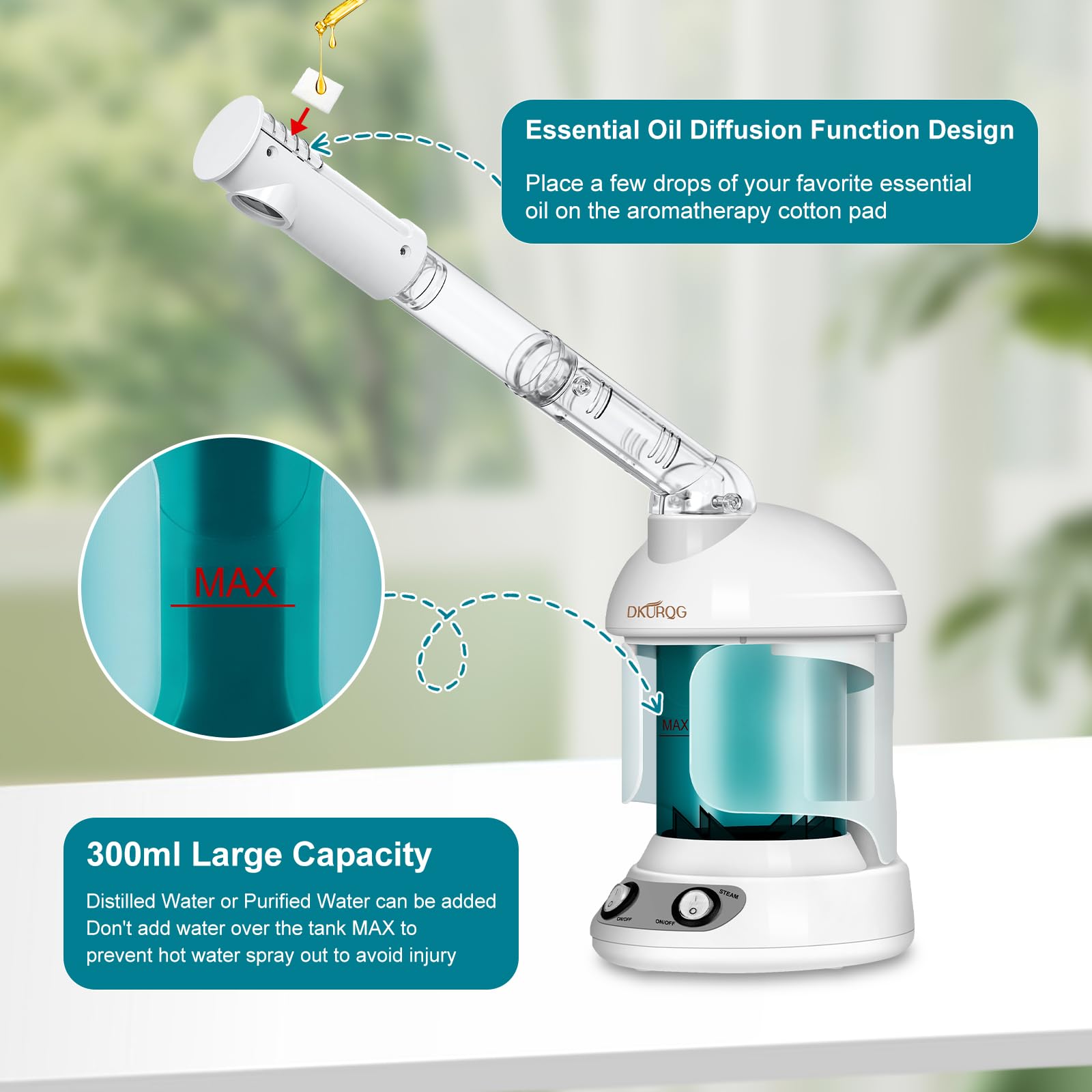 DKURQG facial steamer with ozone-enhanced mist for deeper hydration.