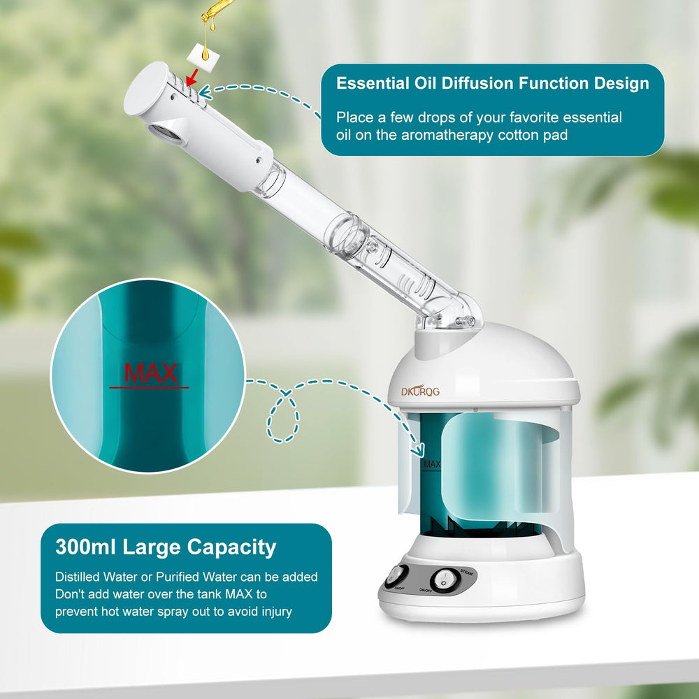 DKURQG facial steamer with ozone-enhanced mist for deeper hydration.