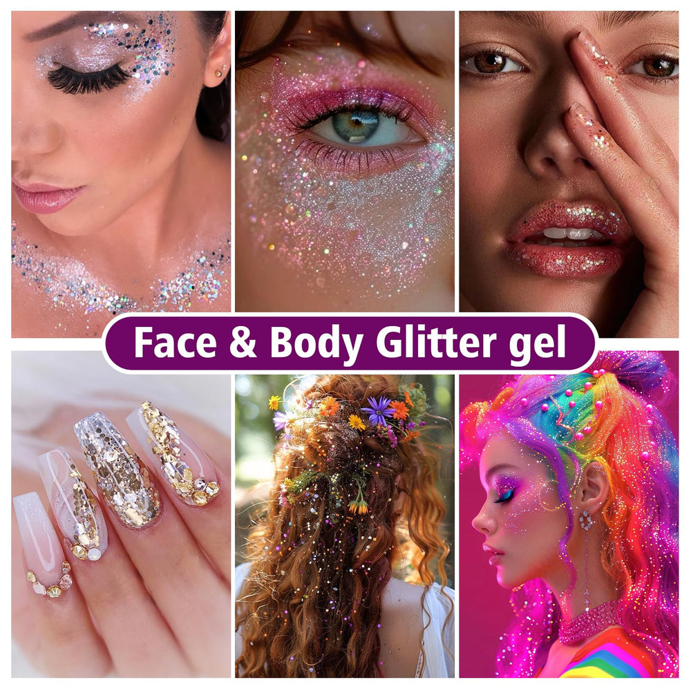 Dmsky glitter gel in gold creates luminous highlights for festive makeup and costumes