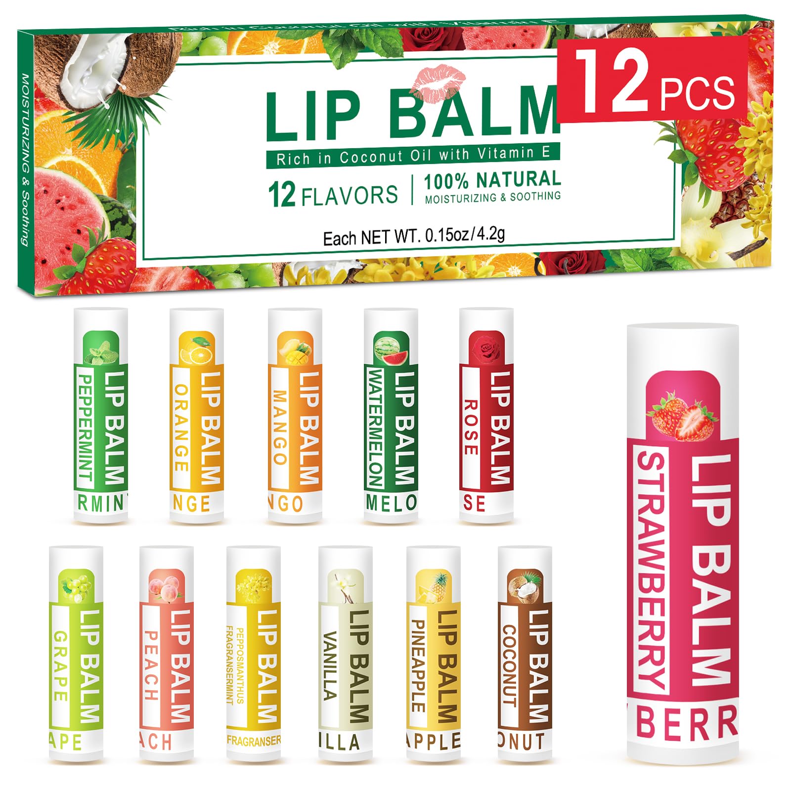 DMSKY 12-flavor lip balm pack with vitamin E and coconut oil for daily moisture.