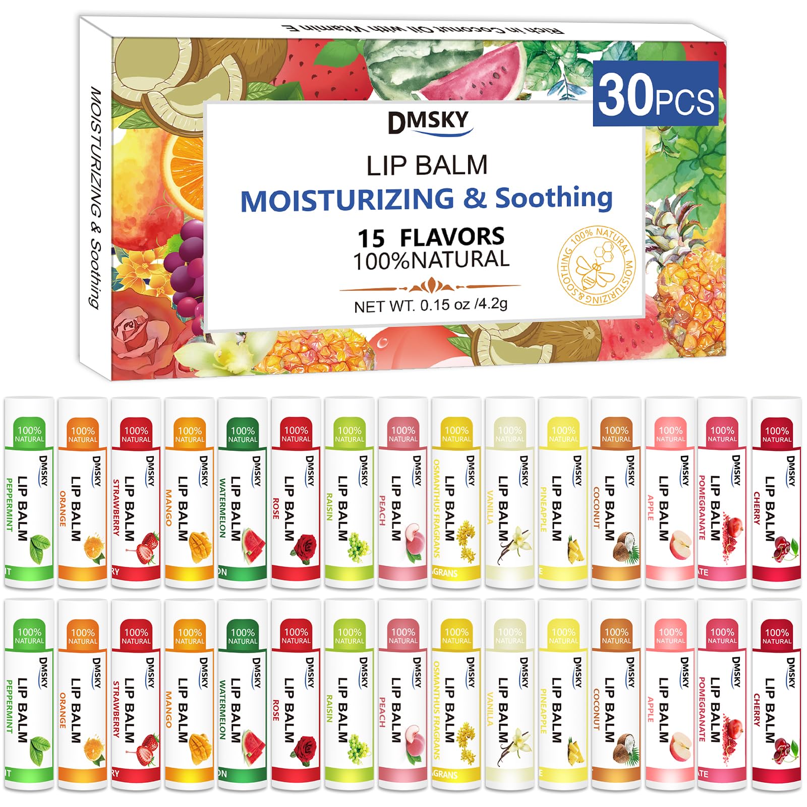 Bálsamo labial Dmsky, estuche de 30 unidades con 15 sabores para uso diario