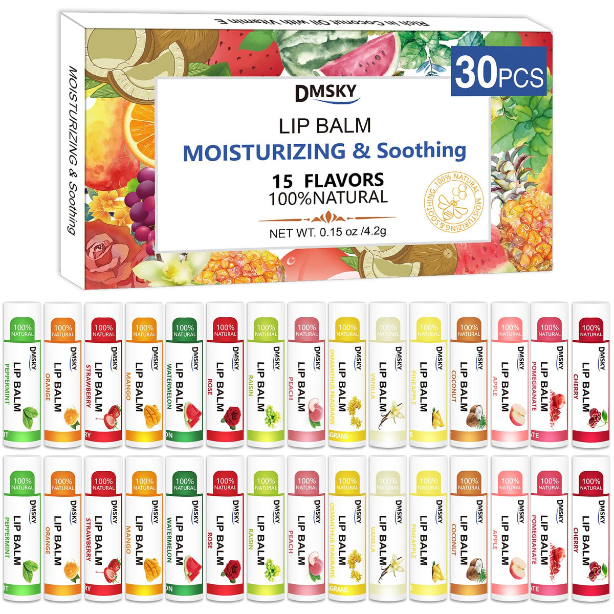 Bálsamo labial Dmsky, estuche de 30 unidades con 15 sabores para uso diario