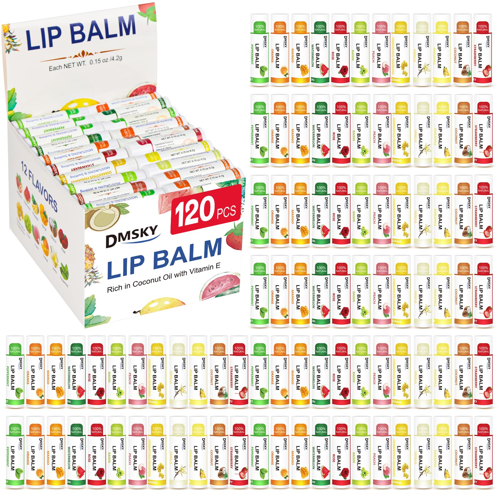 DMSKY lip balm 12 flavors display for daily moisture.