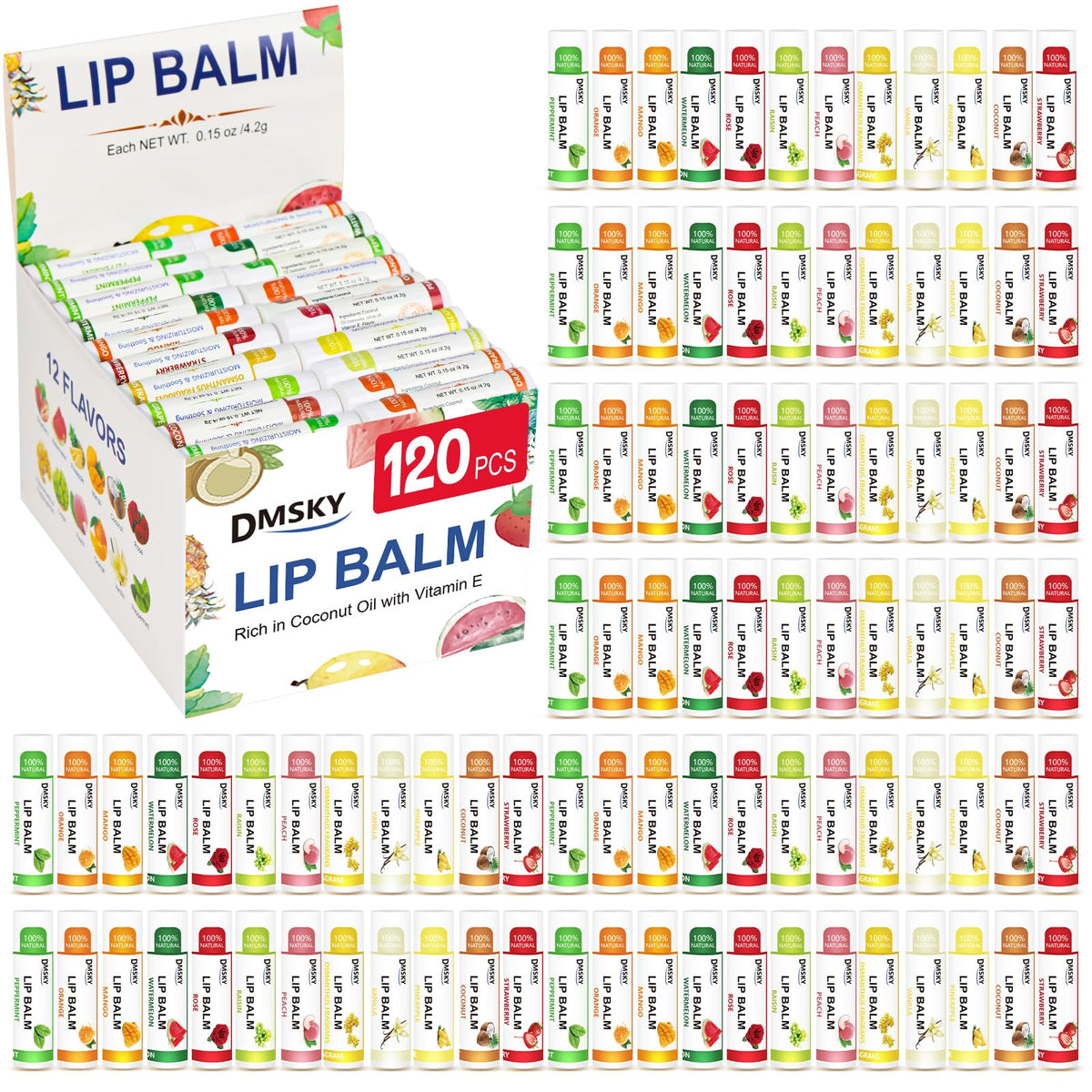 DMSKY lip balm 12 flavors display for daily moisture.