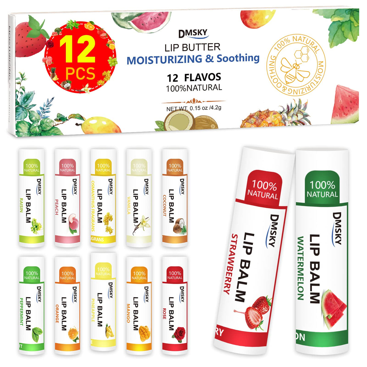 DMSKY lip balm 12-pack flavors display for easy selection and gifting