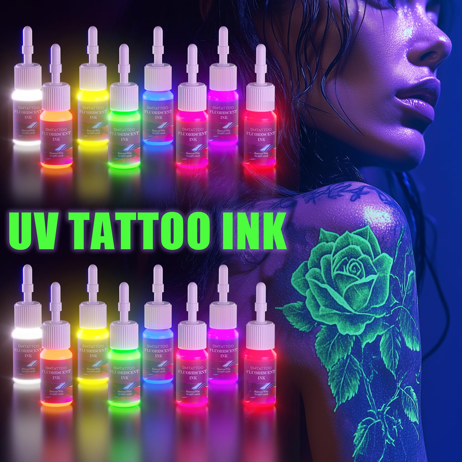 DMTATTOO 8-color fluorescent ink set package for UV glow tattoos.