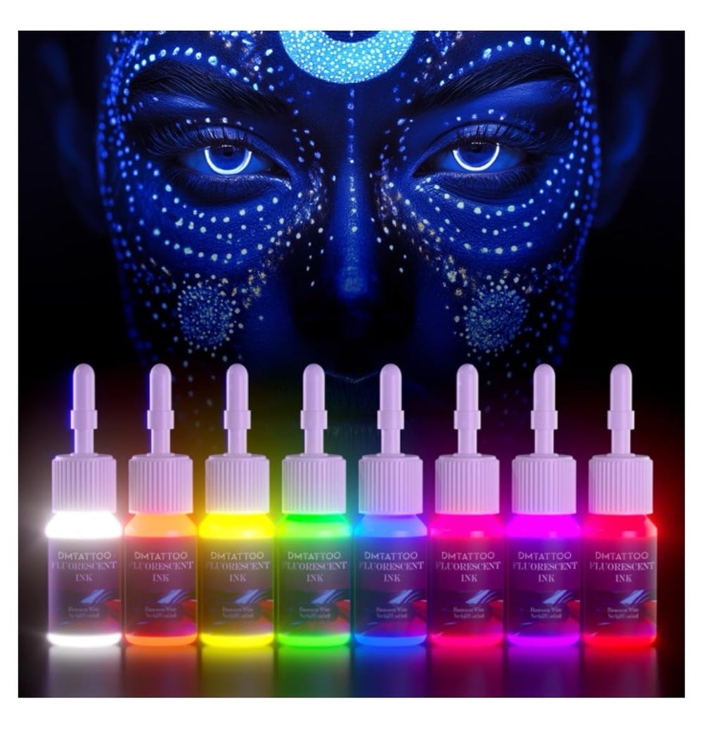 DMTATTOO blue fluorescent ink bottle for UV glow tattoo effects.