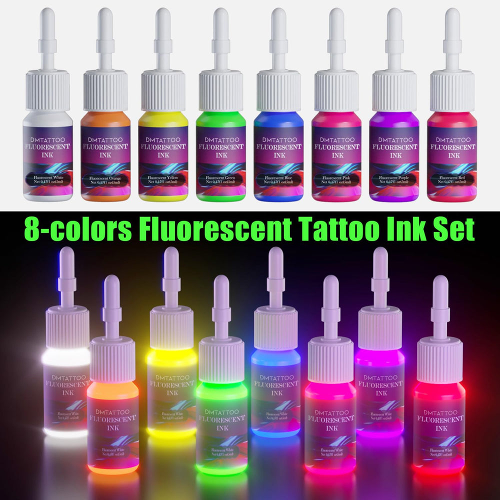 DMTATTOO green fluorescent ink bottle for vibrant UV-reactive body art.