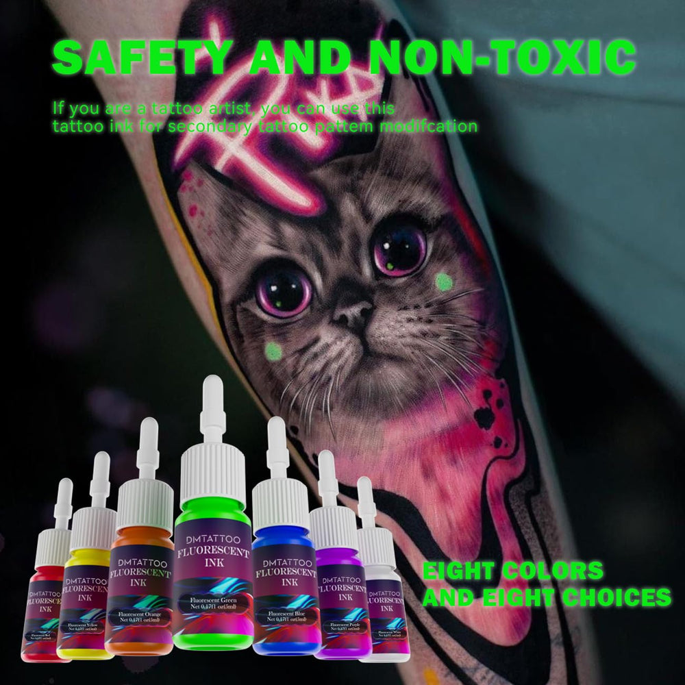 DMTATTOO orange fluorescent ink bottle for warm UV glow effects.