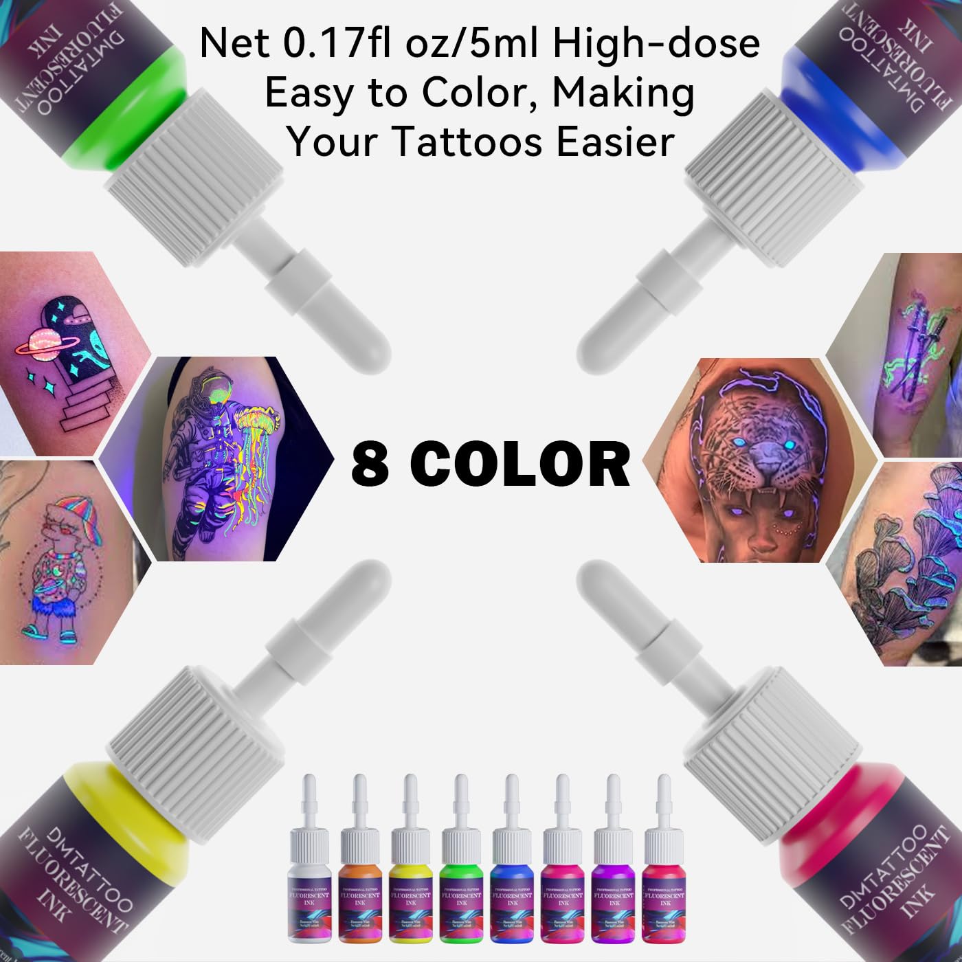 DMTATTOO pink fluorescent ink bottle for luminous blacklight designs.