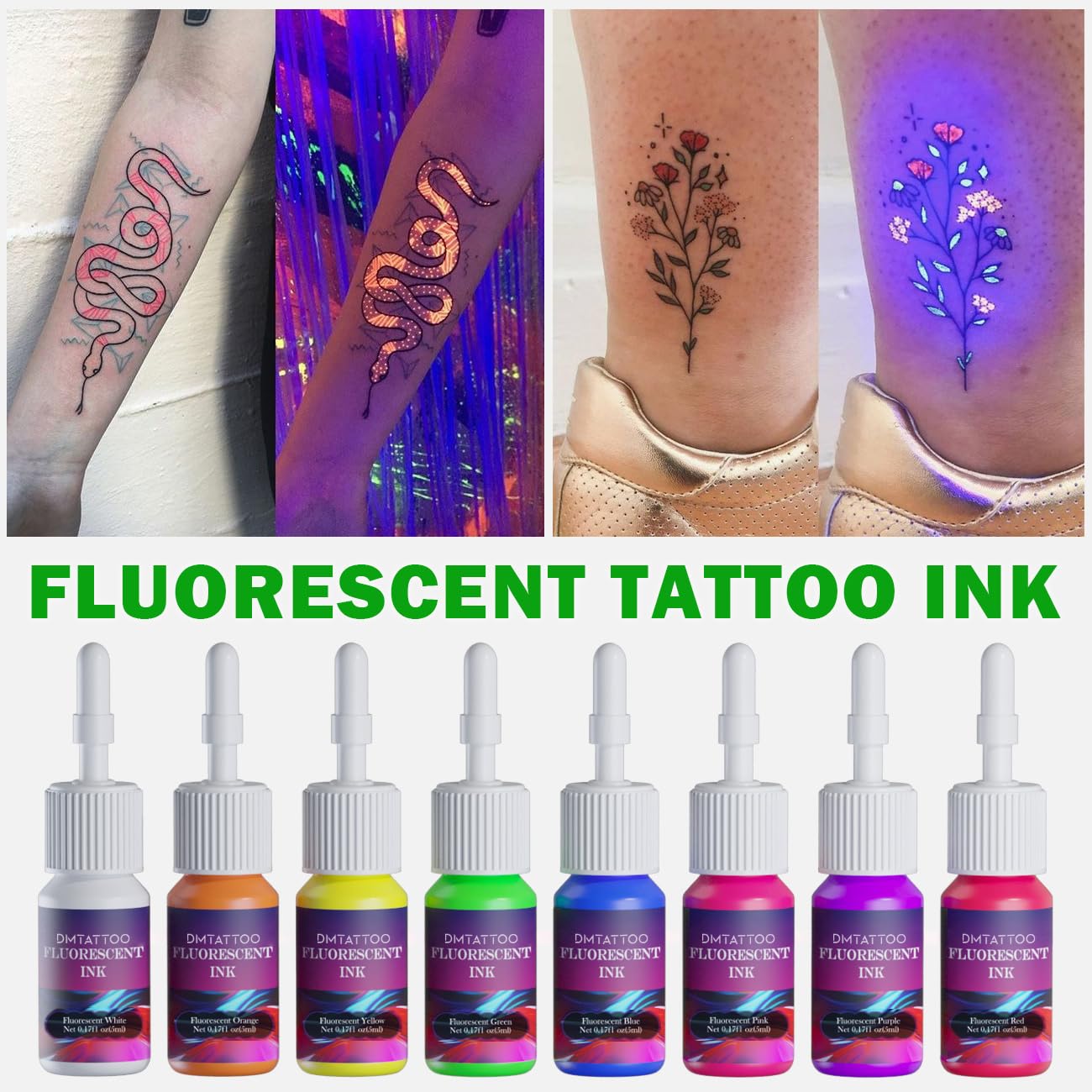 DMTATTOO purple fluorescent ink bottle for UV glow tattoos.