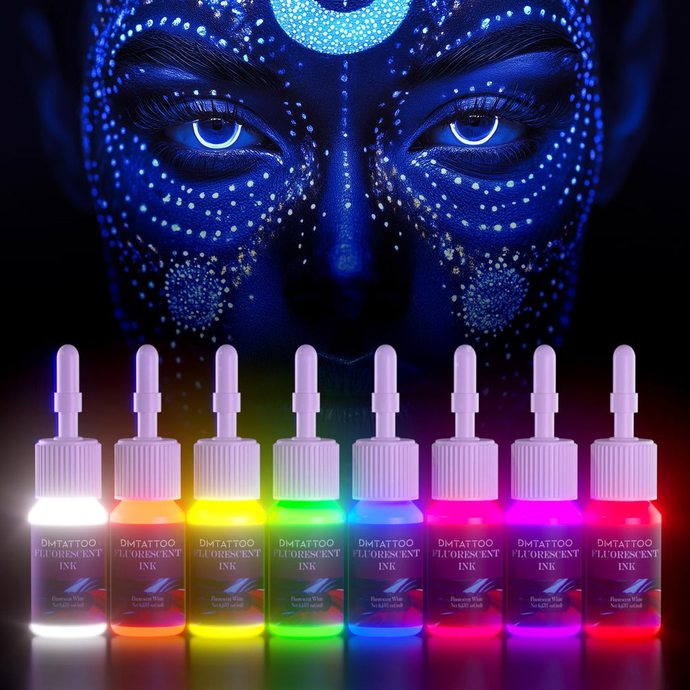 DMTATTOO red fluorescent ink bottle for bold UV tattoos.
