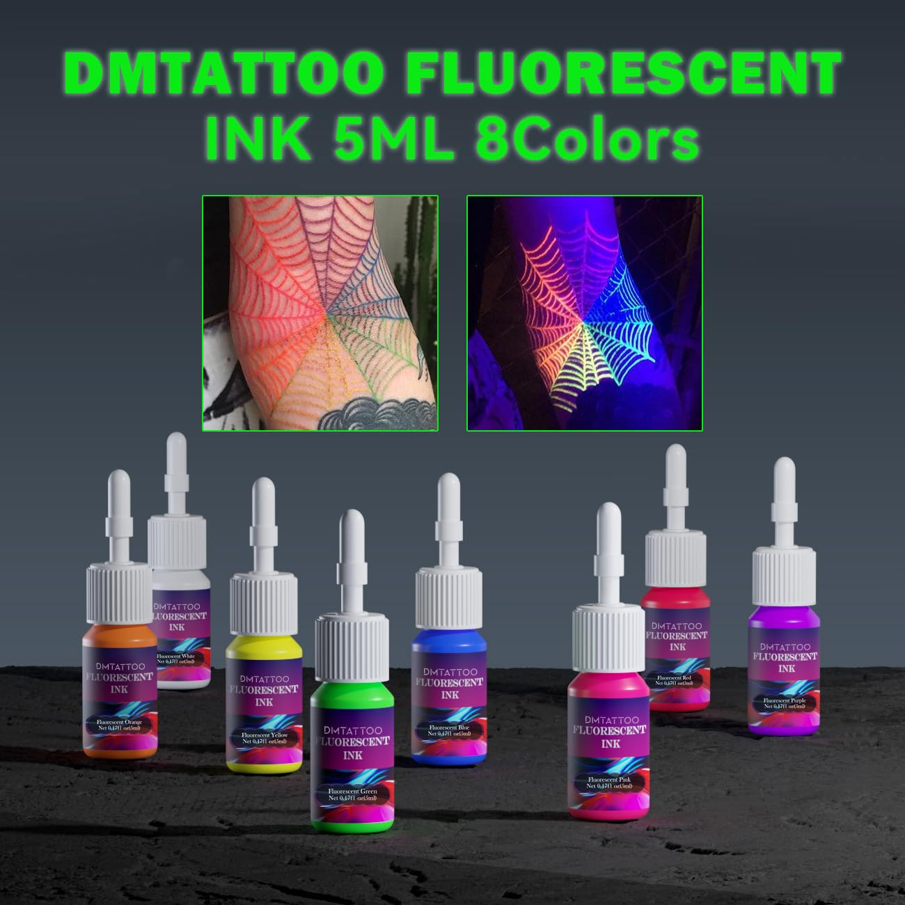 DMTATTOO white fluorescent ink bottle for high-contrast UV art.
