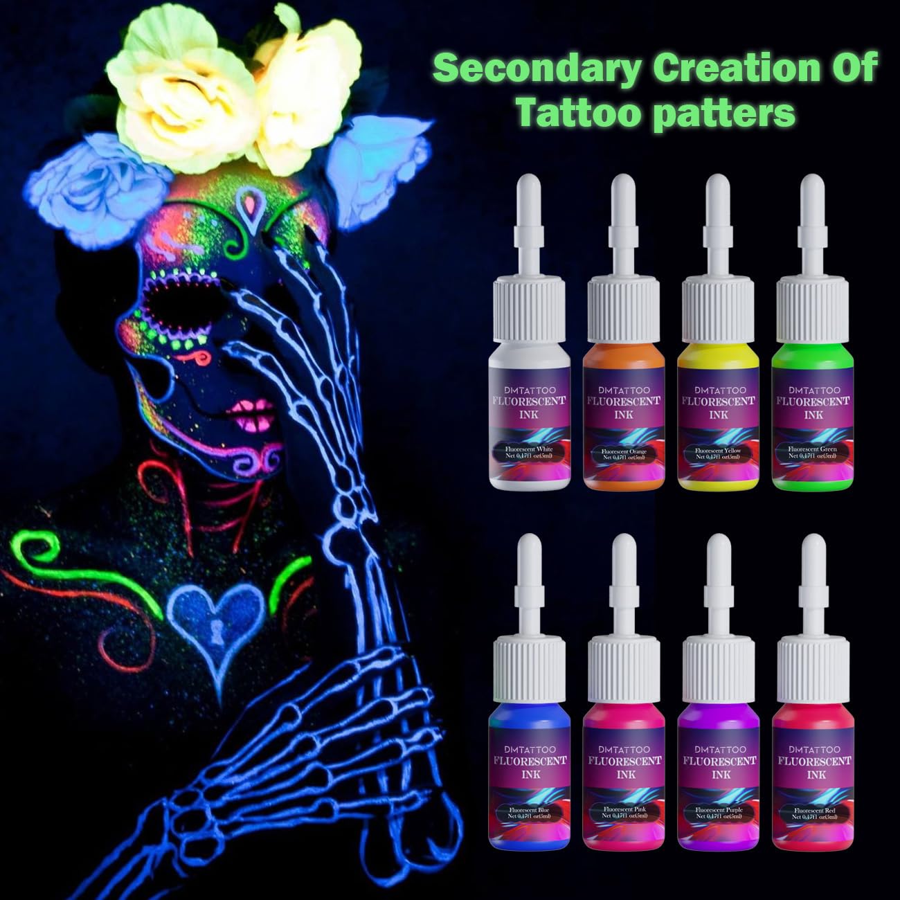 DMTATTOO yellow fluorescent ink bottle for bright UV glow.