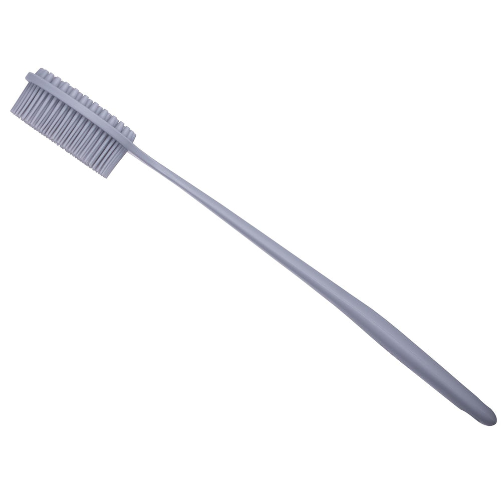 Front view of the DNC back scrubber showing soft bristles and long handle