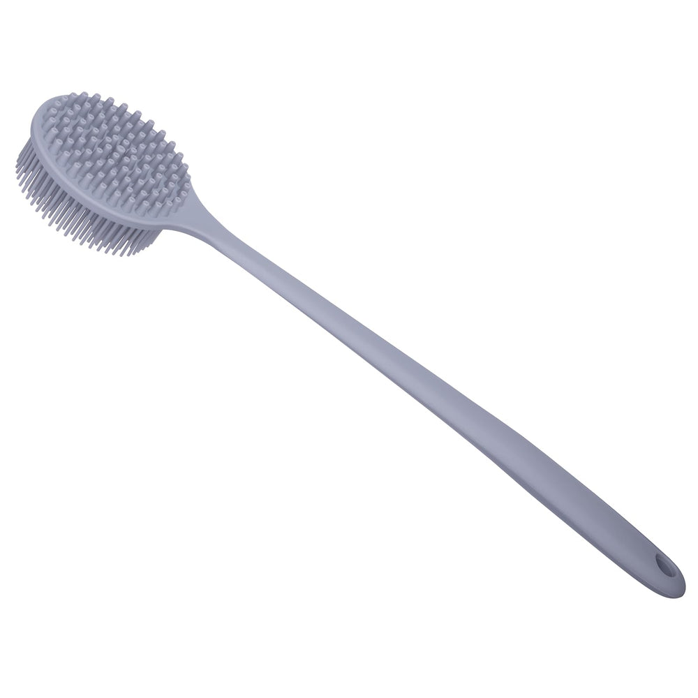 Rear view of the DNC silicone back scrubber highlighting the ergonomic long handle