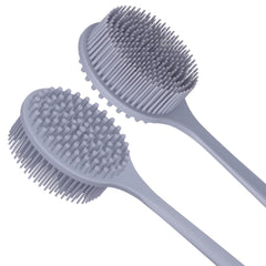 Side view of the DNC silicone back scrubber with long handle for reach