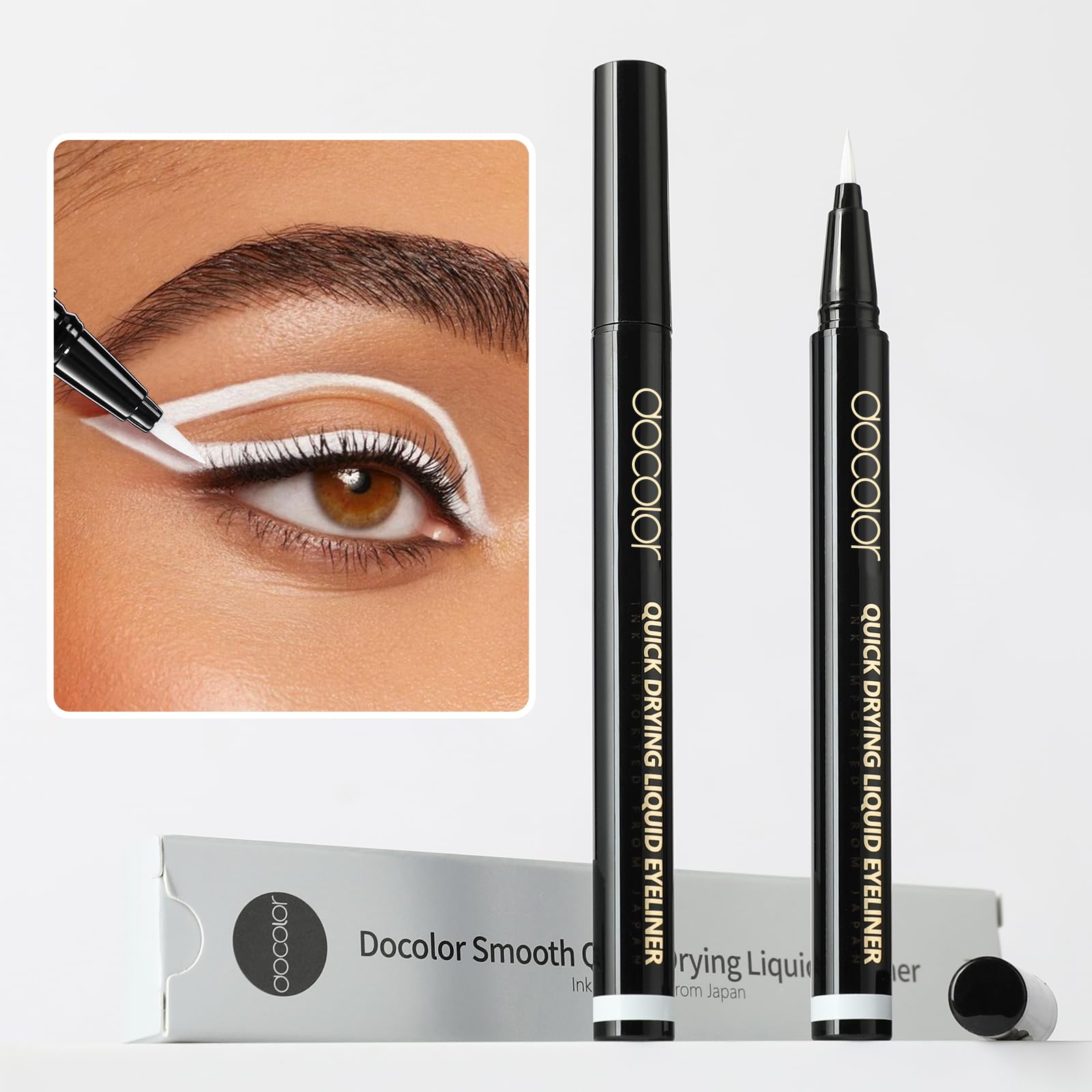 Docolor longwearing white eyeliner glides smoothly for all day definition.