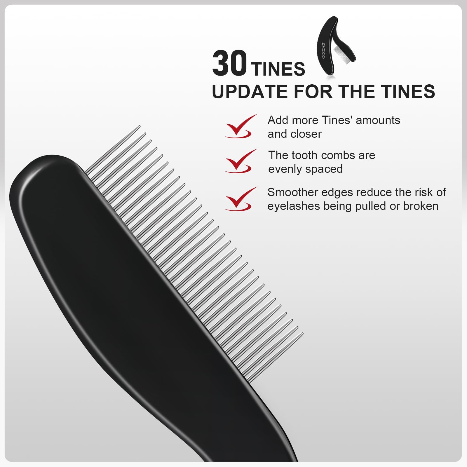 Docolor foldable eyelash comb metal-teeth close-up shows clump-free lashes.