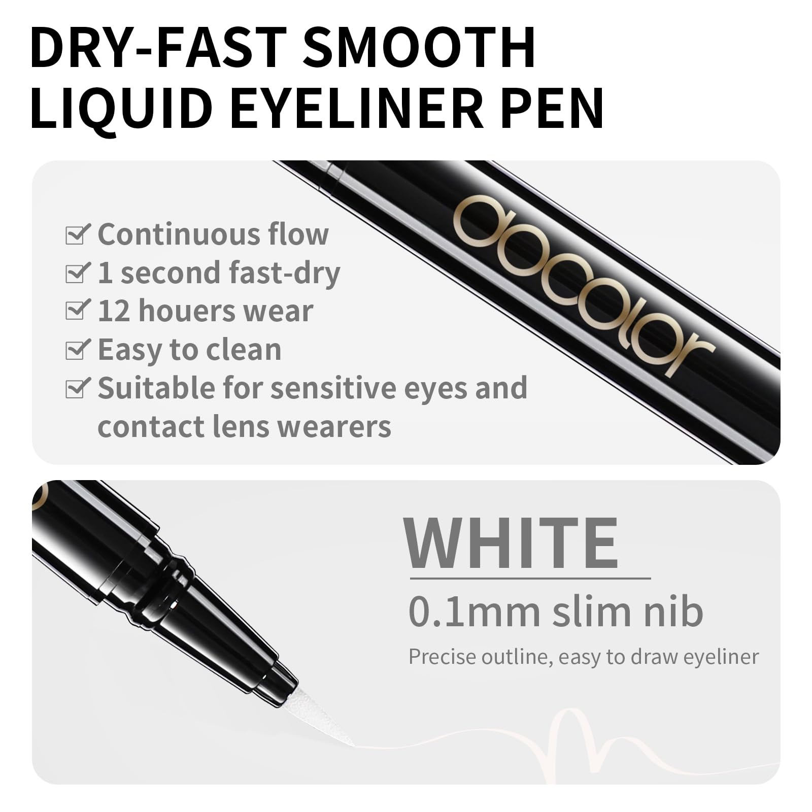 Close-up of the precision tip delivering delicate to bold strokes in white.