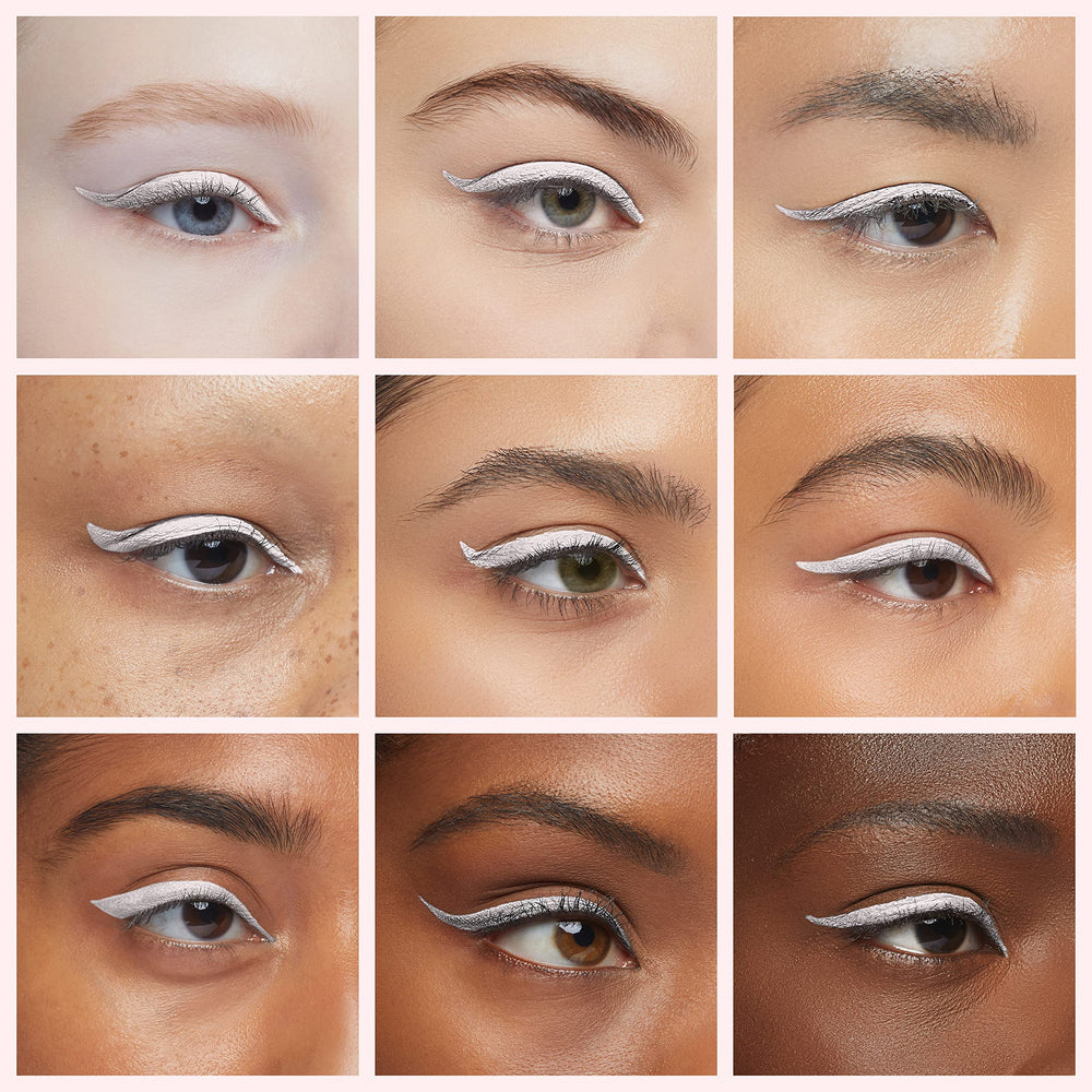 Smudge-proof application along the lash line for clean winged looks in white.