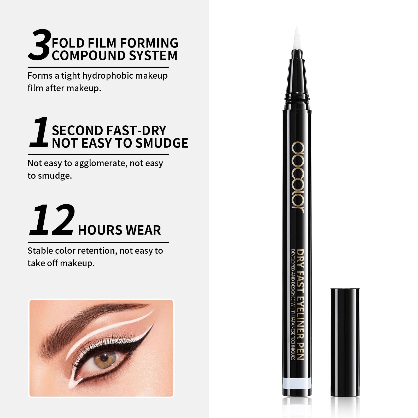 Waterproof formula stands up to tears and light workouts in white eyeliner.