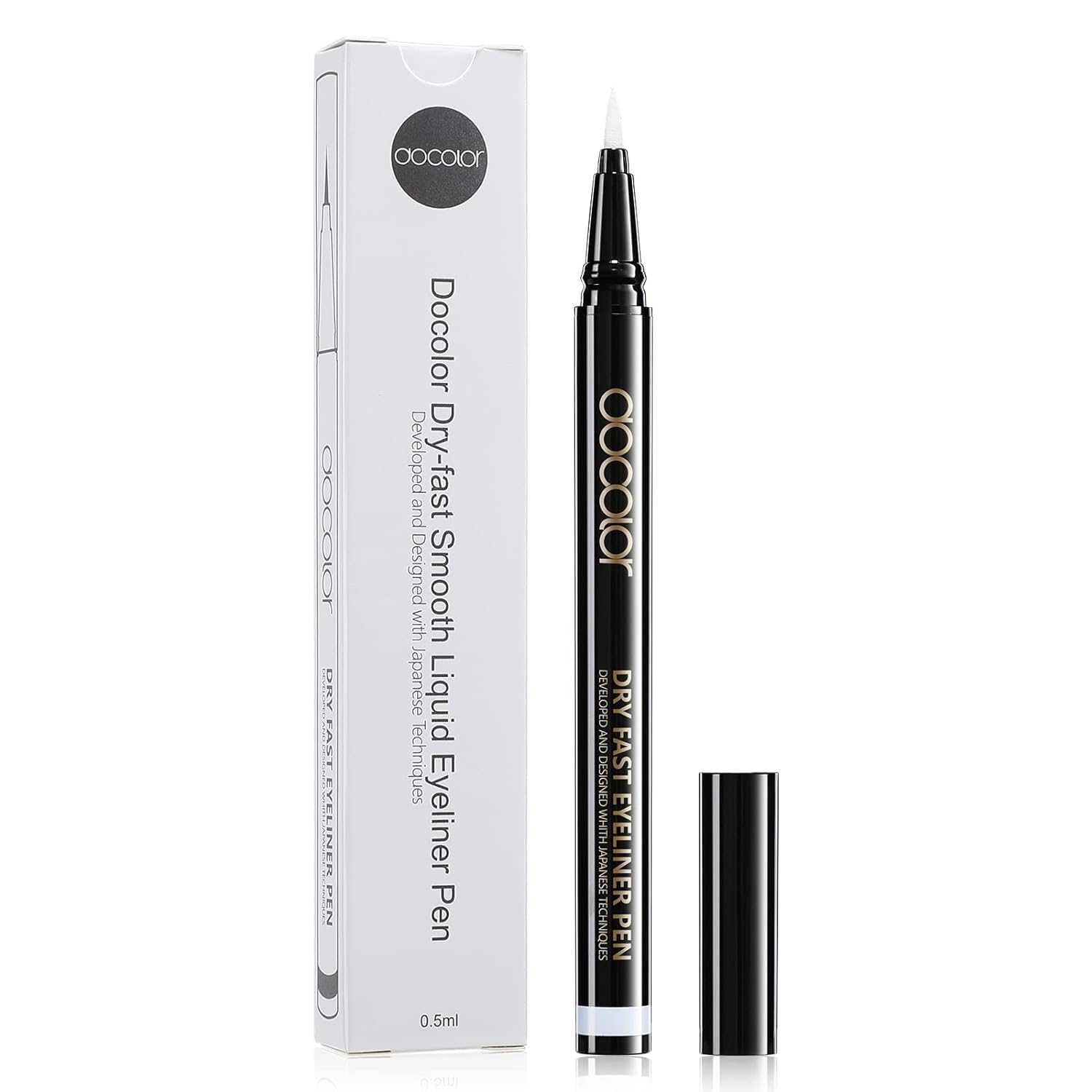 Docolor waterproof eyeliner pen with ultra-fine tip for precise white lines.