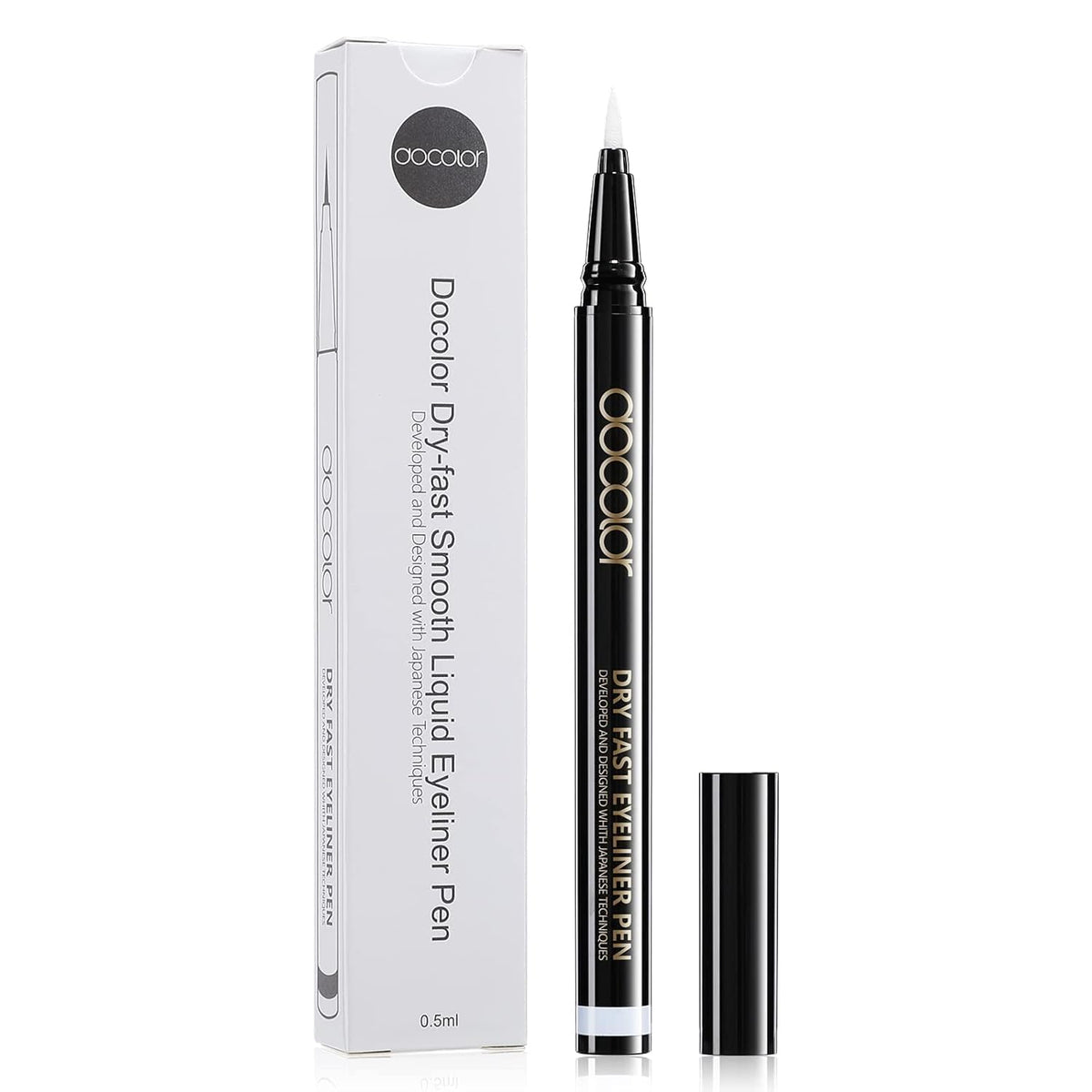 Docolor waterproof eyeliner pen with ultra-fine tip for precise white lines.