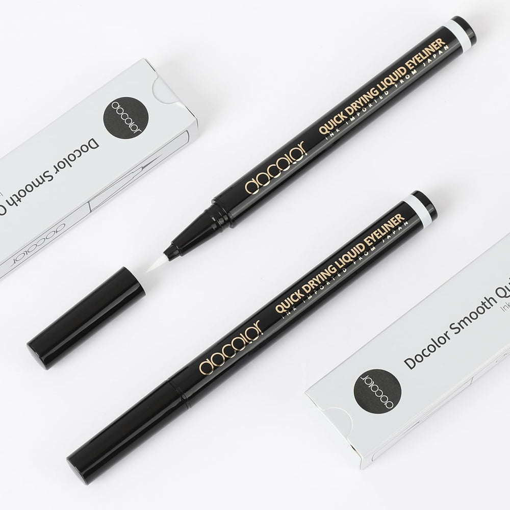 Winged eye look achieved quickly with flexible tip in white eyeliner.