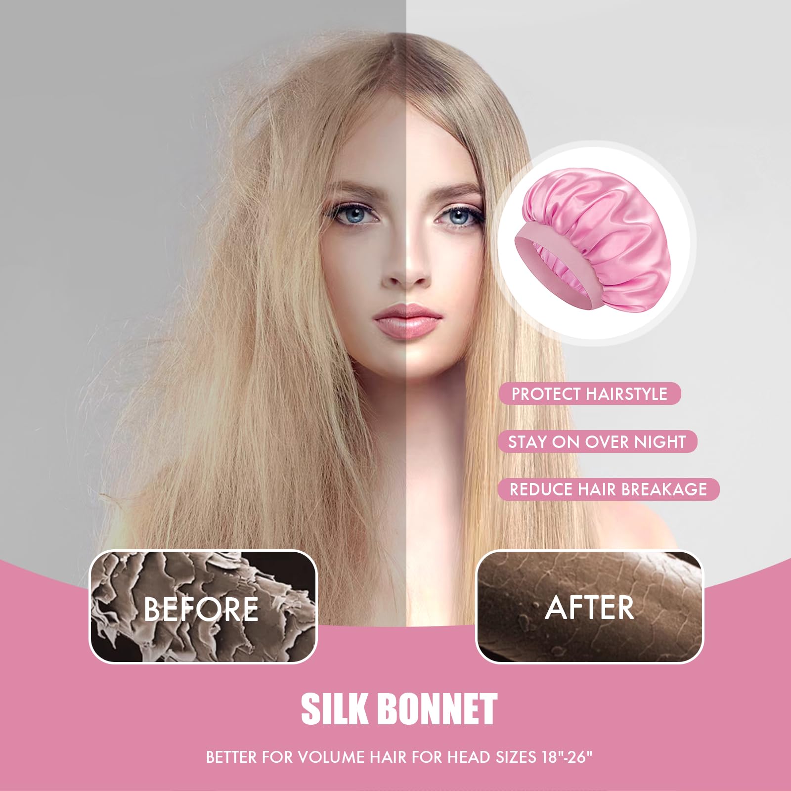 doitory bonete satén rosa, ideal para rutina nocturna y cuidado del cabello natural.