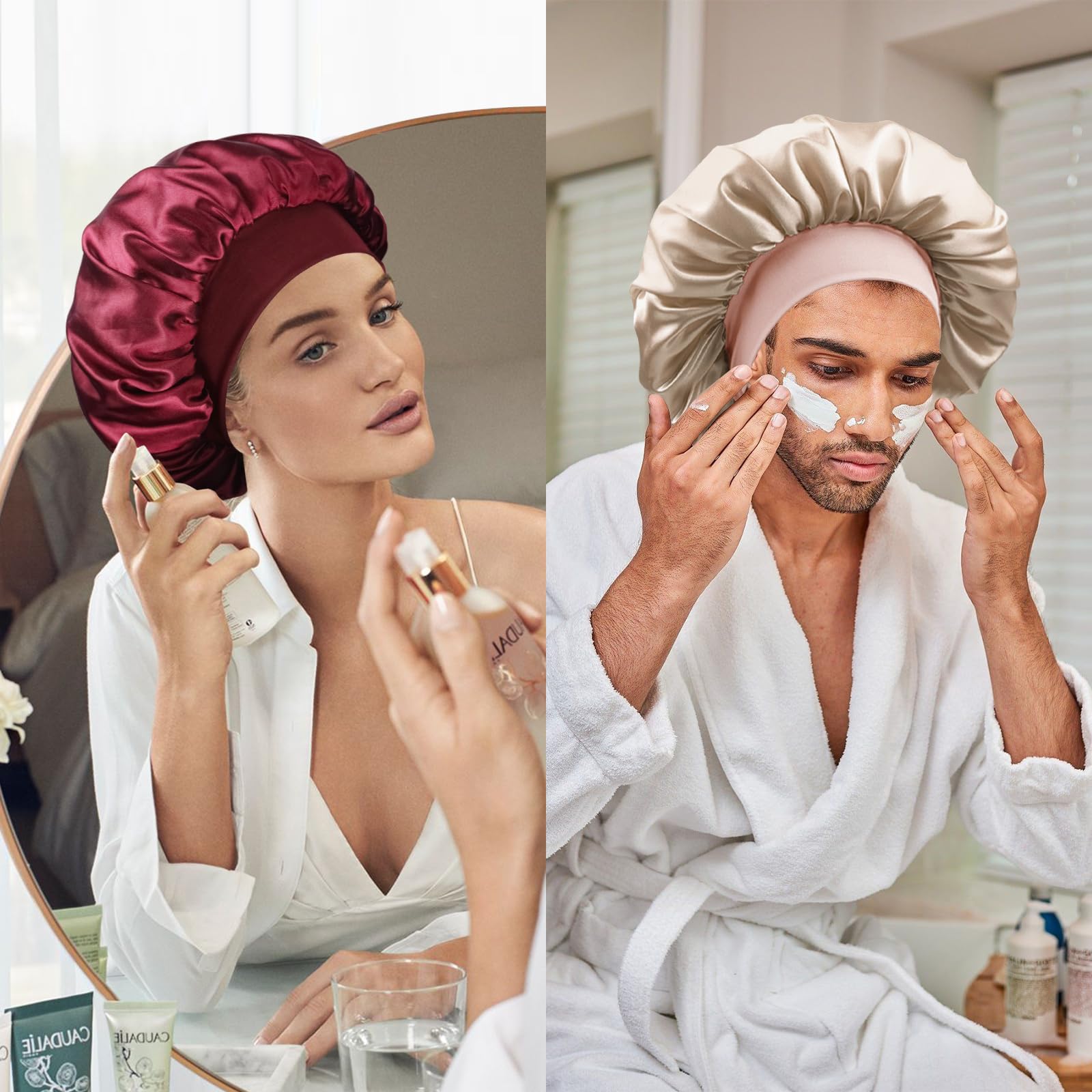 Doitory satin bonnet resists slipping during sleep.