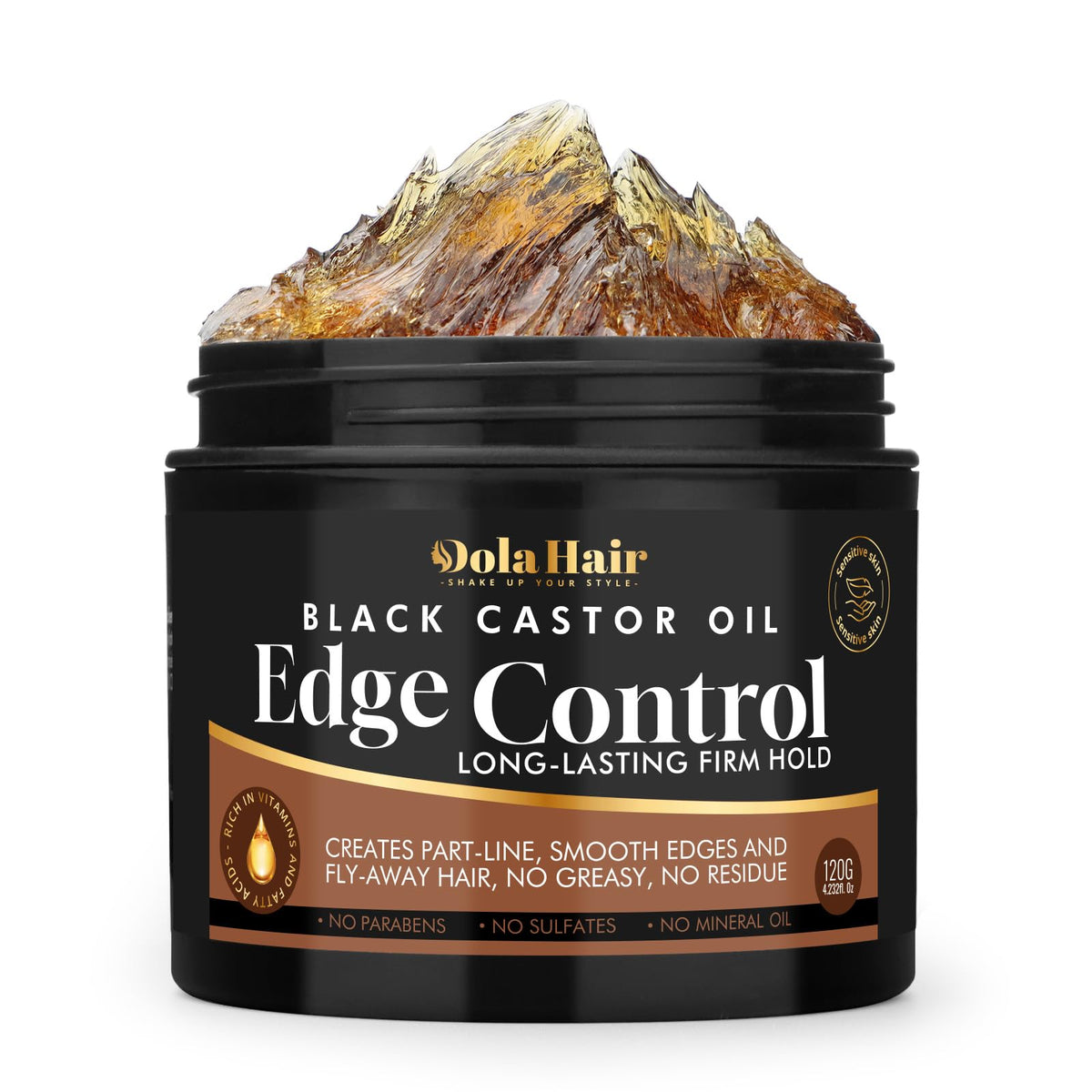 Dolahair control de bordes, botella 4.2 oz, fijación suave y sin grasa.